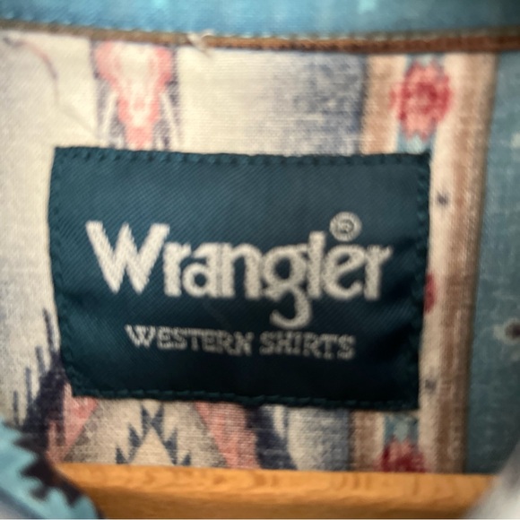 Vintage Wrangler Western Shirt Mens XL Aztec Southwest Pearl Snap Turquoise - Picture 3 of 12